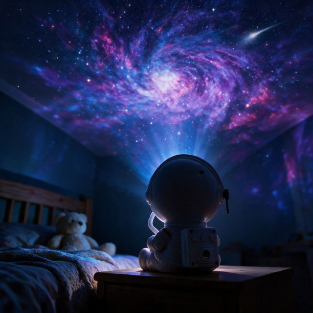 A child delighted by the galaxy projector